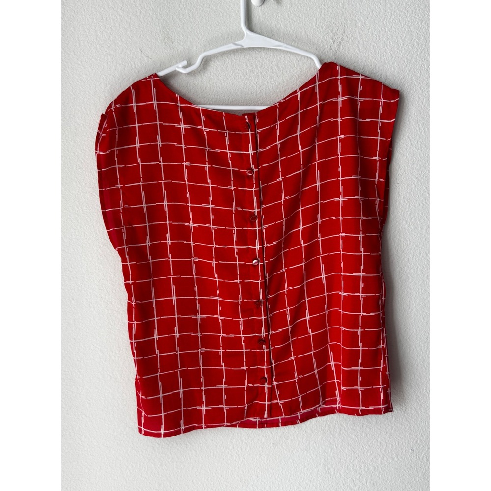 I Love H81 Red White Grid Button Back Sleeveless Bow Blouse Medium